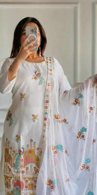 VLM 244 White Color Roman Silk With Embroidery Work Salwar Suit Casual, Wedding, Festive, Events . Expected Delivery  4-6 Working Days @2099/- only      | Jump Suits, Casual Suits, Creative suits, Designer Suits, Palazzo Suits, Party Wear Suits, Patiala Suits, Salwar suit, Straight Suits