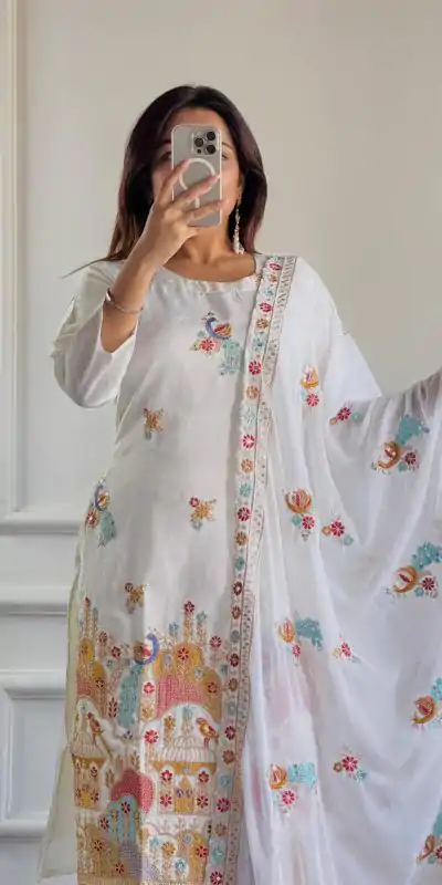 VLM 244 White Color Roman Silk With Embroidery Work Salwar Suit Casual, Wedding, Festive, Events . Expected Delivery  4-6 Working Days @2099/- only      | Jump Suits, Casual Suits, Creative suits, Designer Suits, Palazzo Suits, Party Wear Suits, Patiala Suits, Salwar suit, Straight Suits