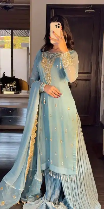 SRK 5251Sky blue Color Georgette Sequence Beads Work Salwar Suit Casual, Wedding, Festive, Events . Expected Delivery  4-6 Working Days @2149/- only      | Jump Suits, Casual Suits, Creative suits, Designer Suits, Palazzo Suits, Party Wear Suits, Patiala Suits, Salwar suit, Straight Suits
