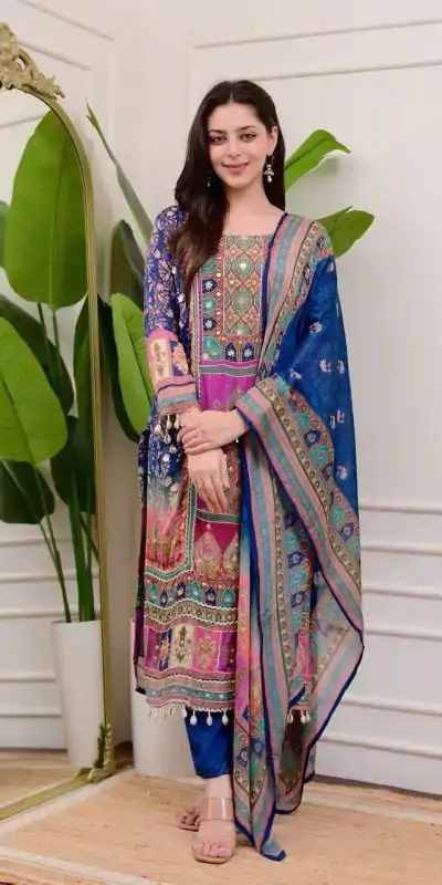 BE 316 Royal Blue Color Chinon Printed Mirror Work Moti Lace Salwar Suit Casual, Wedding, Festive, Events . Expected Delivery  4-6 Working Days @1899/- only      | Jump Suits, Casual Suits, Creative suits, Designer Suits, Palazzo Suits, Party Wear Suits, Patiala Suits, Salwar suit, Straight Suits