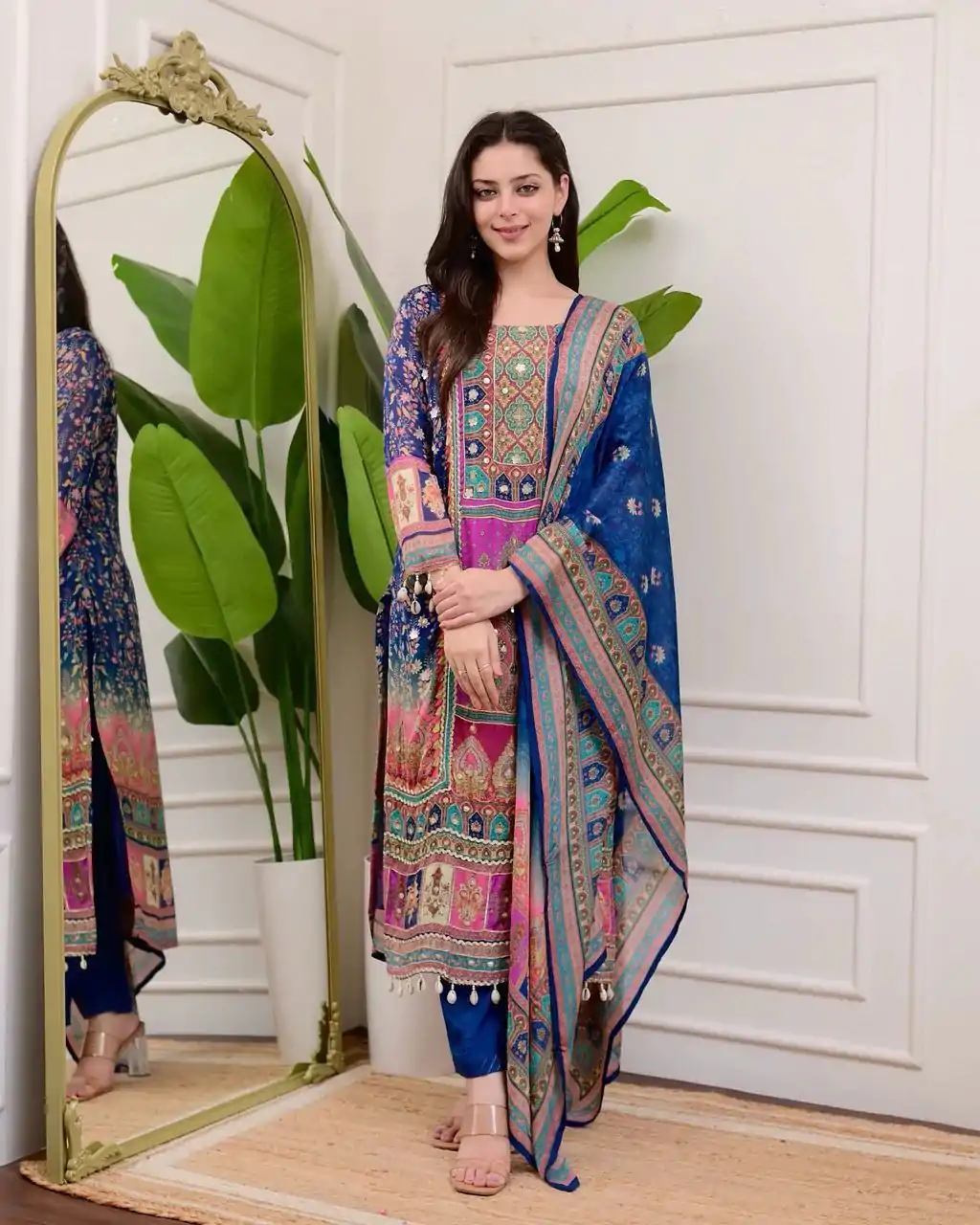 BE 316 Royal Blue Color Chinon Printed Mirror Work Moti Lace Salwar Suit Casual, Wedding, Festive, Events . Expected Delivery  4-6 Working Days @1899/- only      | Jump Suits, Casual Suits, Creative suits, Designer Suits, Palazzo Suits, Party Wear Suits, Patiala Suits, Salwar suit, Straight Suits
