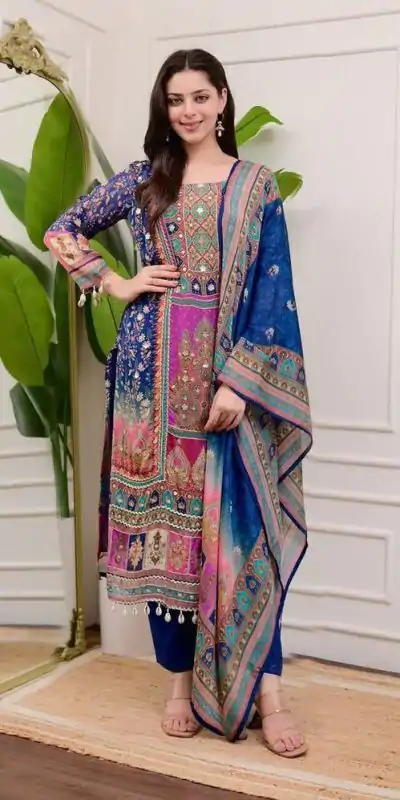 BE 316 Royal Blue Color Chinon Printed Mirror Work Moti Lace Salwar Suit Casual, Wedding, Festive, Events . Expected Delivery  4-6 Working Days @1899/- only      | Jump Suits, Casual Suits, Creative suits, Designer Suits, Palazzo Suits, Party Wear Suits, Patiala Suits, Salwar suit, Straight Suits
