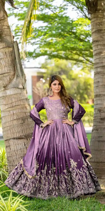 Ram 096 Purple Color Chinon Sequence Embroidery Work Gown Casual, Wedding, Festive, Events . Expected Delivery  4-6 Working Days @2449/- only                                                                                                                                             | Bollywood Gowns, Creative Gowns, Designer Gowns, Embroidered Gowns, Gowns, Party Wear Gowns, Straight Suits