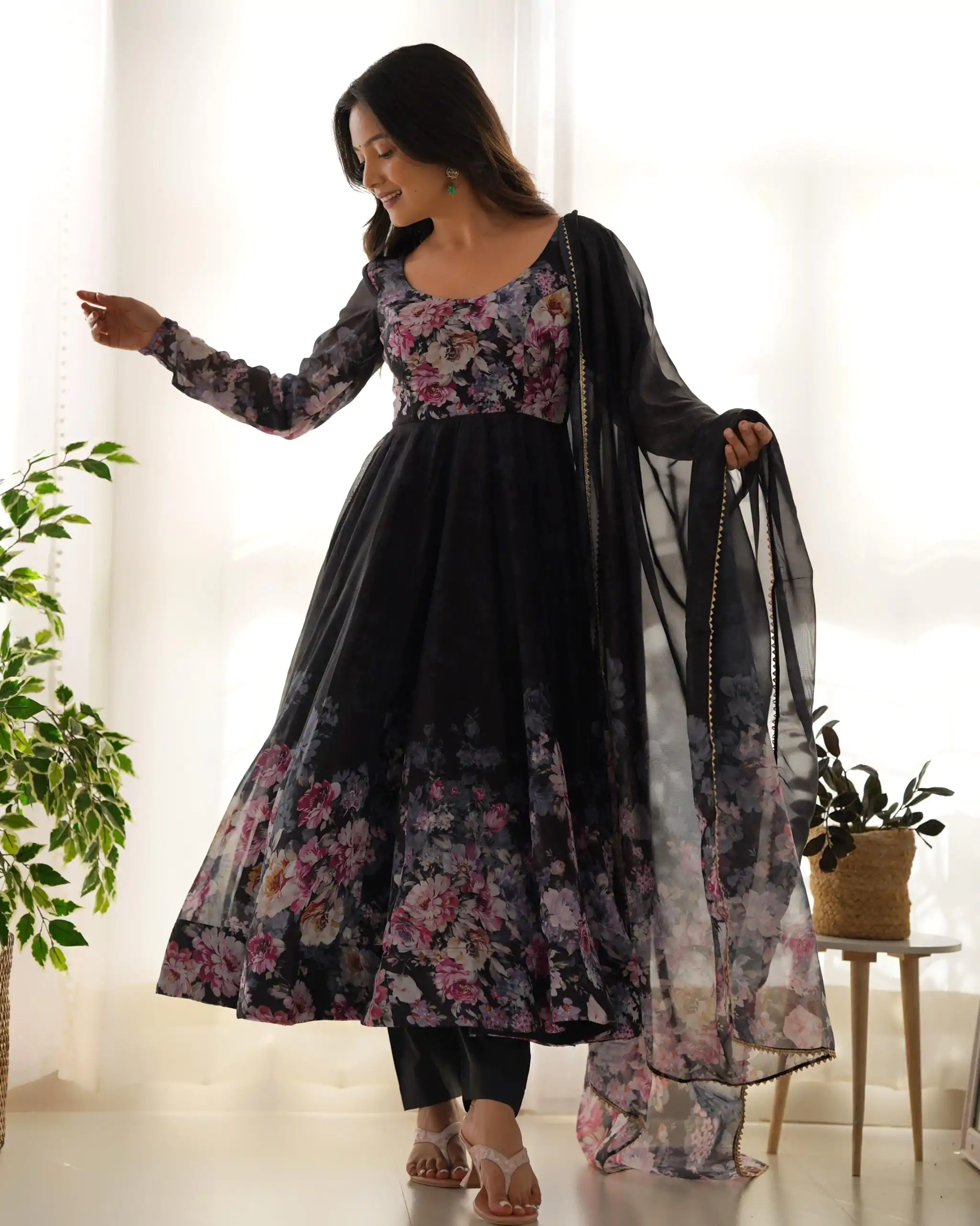 KB 261 Black Color Soft Organza Silk Print With Kali Gown Casual, Wedding, Party, Festive, Events Etc.4-6 Working Days@ 1999/-only | Bollywood Gowns, Creative Gowns, Designer Gowns, Embroidered Gowns, Gowns, Party Wear Gowns