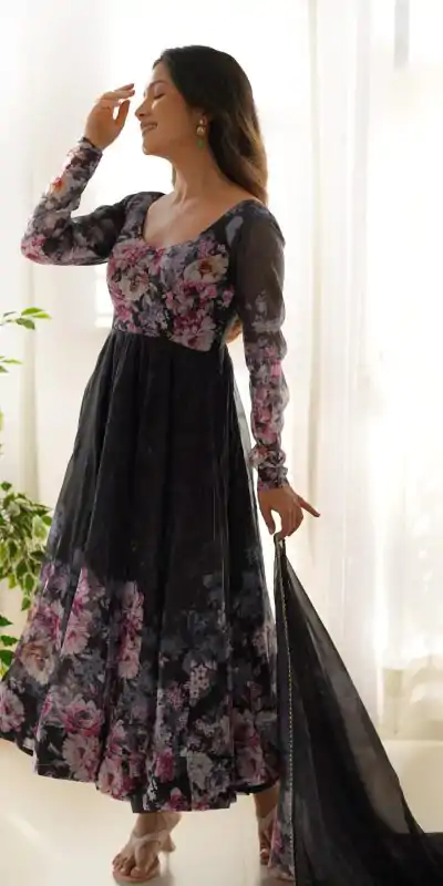 KB 261 Black Color Soft Organza Silk Print With Kali Gown Casual, Wedding, Party, Festive, Events Etc.4-6 Working Days@ 1999/-only | Bollywood Gowns, Creative Gowns, Designer Gowns, Embroidered Gowns, Gowns, Party Wear Gowns