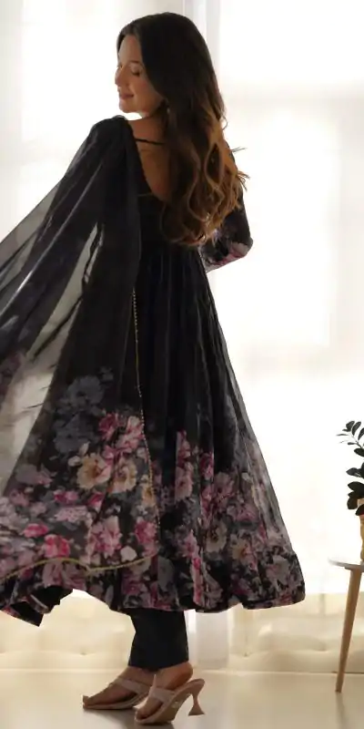 KB 261 Black Color Soft Organza Silk Print With Kali Gown Casual, Wedding, Party, Festive, Events Etc.4-6 Working Days@ 1999/-only | Bollywood Gowns, Creative Gowns, Designer Gowns, Embroidered Gowns, Gowns, Party Wear Gowns