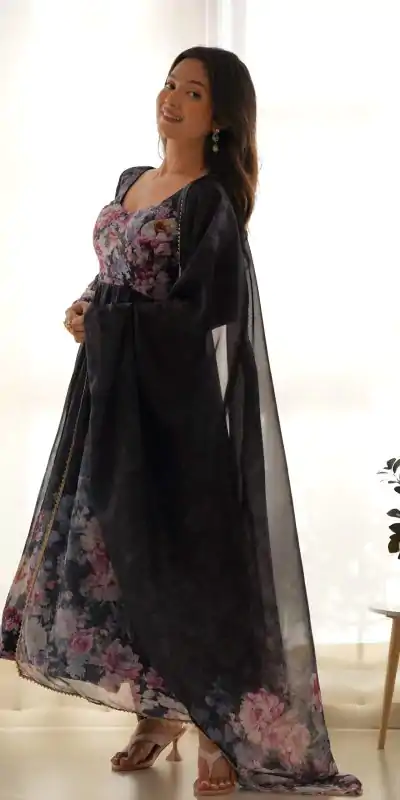 KB 261 Black Color Soft Organza Silk Print With Kali Gown Casual, Wedding, Party, Festive, Events Etc.4-6 Working Days@ 1999/-only | Bollywood Gowns, Creative Gowns, Designer Gowns, Embroidered Gowns, Gowns, Party Wear Gowns