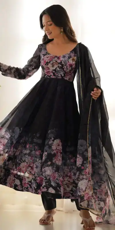 KB 261 Black Color Soft Organza Silk Print With Kali Gown Casual, Wedding, Party, Festive, Events Etc.4-6 Working Days@ 1999/-only | Bollywood Gowns, Creative Gowns, Designer Gowns, Embroidered Gowns, Gowns, Party Wear Gowns