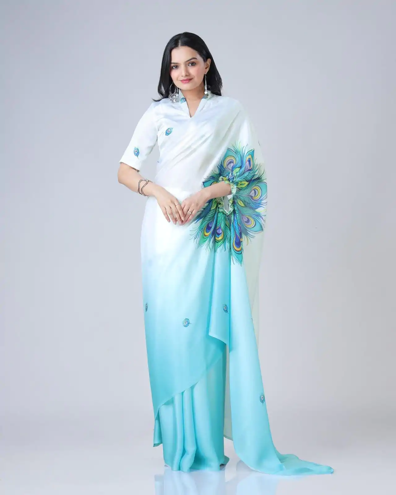 ST 1102 Blue White Color Japan Satin Digital Print Work Saree Casual, Wedding, Festive, Events . Expected Delivery  4-6 Working Days @1849/- only      | Bollywood Sarees, Creative Sarees, Designer Sarees, Embroidered Sarees, Ethnic Saree, Modern Digital sarees, Party Wear Sarees, Sarees