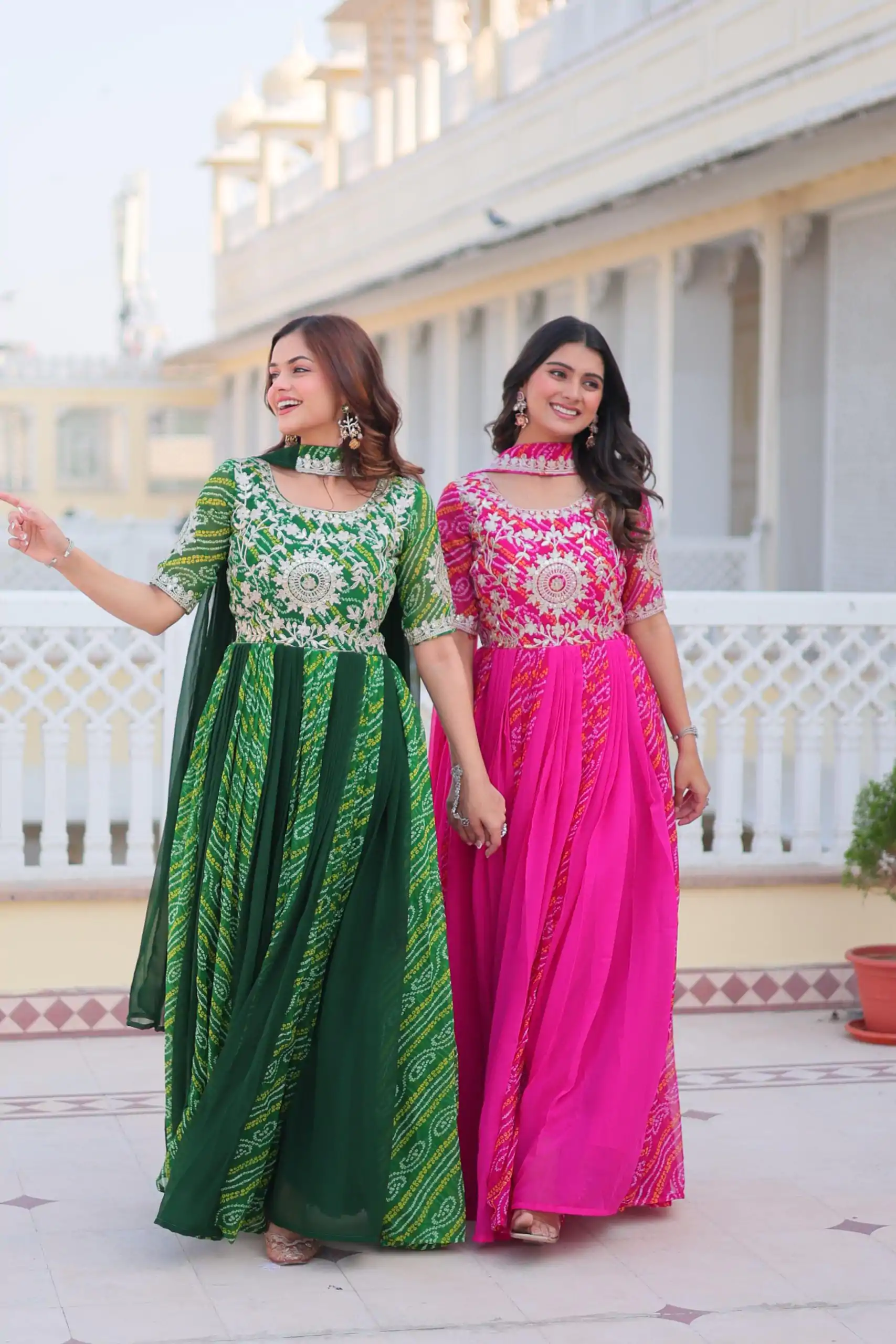 Ram 075 Green Color Bandhej Fox Georgette Sequence Work Gown Casual, Wedding, Party, Festive, Events Etc.4-6 Working Days@ 2049/-only | Bollywood Gowns, Creative Gowns, Designer Gowns, Embroidered Gowns, Gowns, Party Wear Gowns