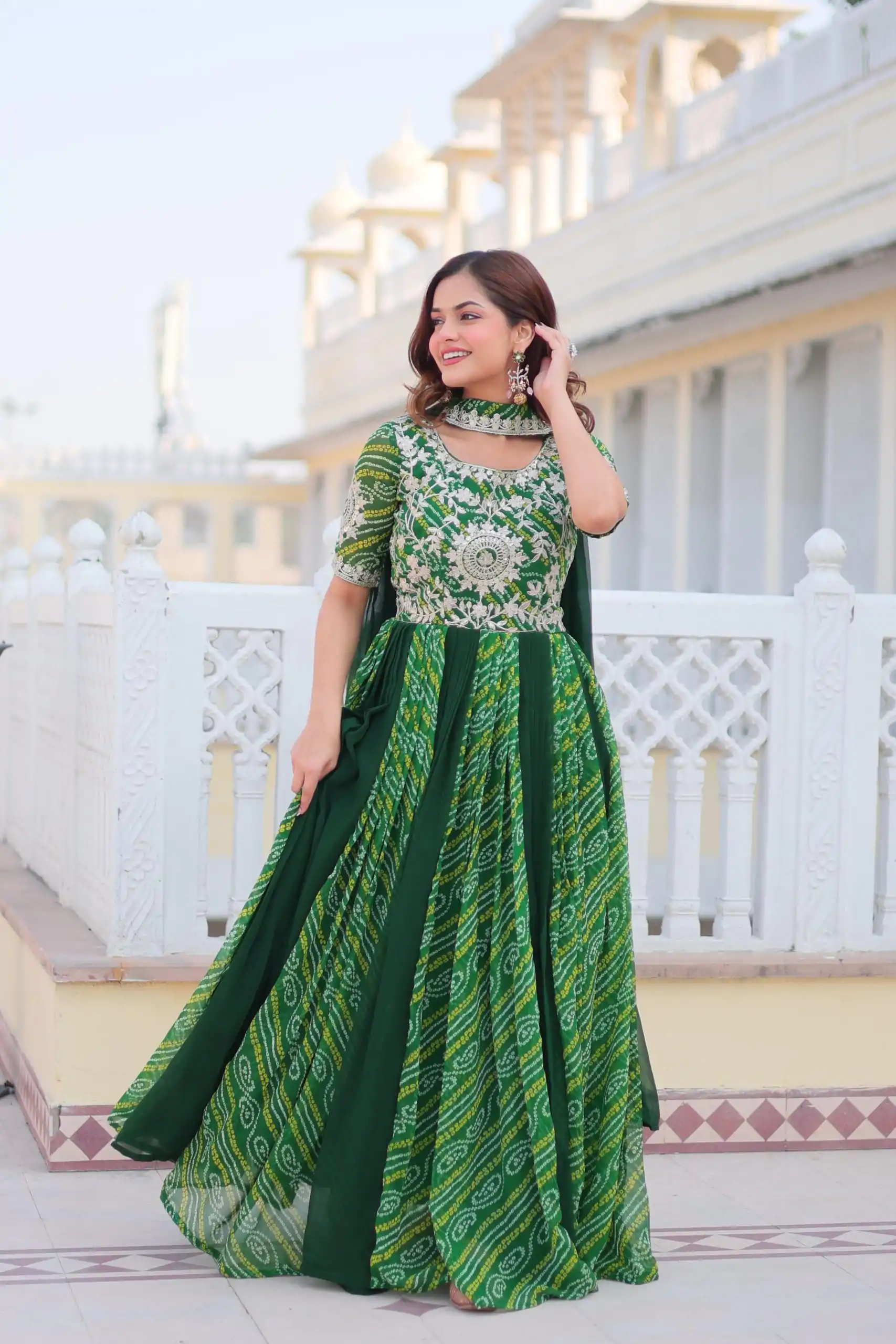 Ram 075 Green Color Bandhej Fox Georgette Sequence Work Gown Casual, Wedding, Party, Festive, Events Etc.4-6 Working Days@ 2049/-only | Bollywood Gowns, Creative Gowns, Designer Gowns, Embroidered Gowns, Gowns, Party Wear Gowns