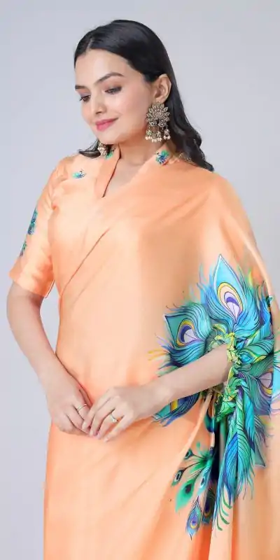 ST 1102 Peach Color Japan Satin Digital Print Work Saree Casual, Wedding, Festive, Events . Expected Delivery  4-6 Working Days @1849/- only      | Bollywood Sarees, Creative Sarees, Designer Sarees, Embroidered Sarees, Ethnic Saree, Modern Digital sarees, Party Wear Sarees, Sarees