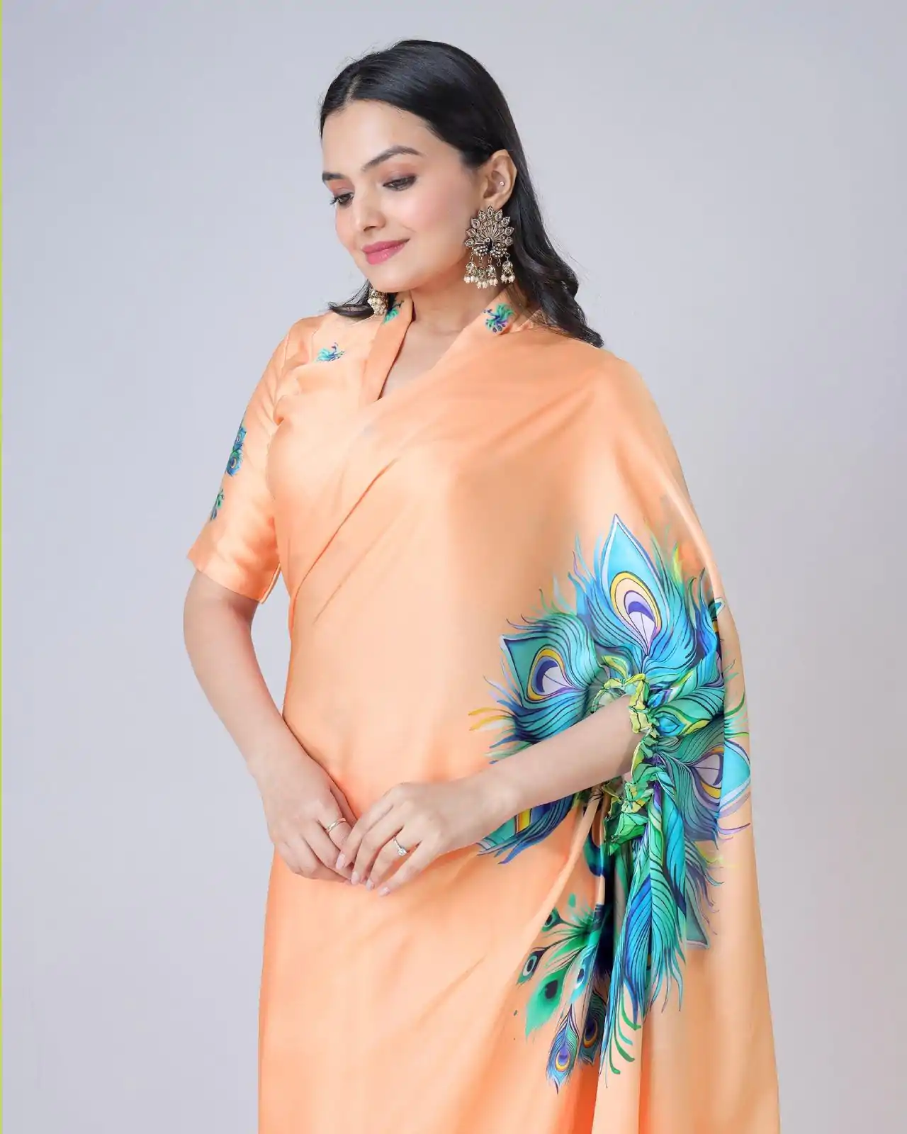ST 1102 Peach Color Japan Satin Digital Print Work Saree Casual, Wedding, Festive, Events . Expected Delivery  4-6 Working Days @1849/- only      | Bollywood Sarees, Creative Sarees, Designer Sarees, Embroidered Sarees, Ethnic Saree, Modern Digital sarees, Party Wear Sarees, Sarees