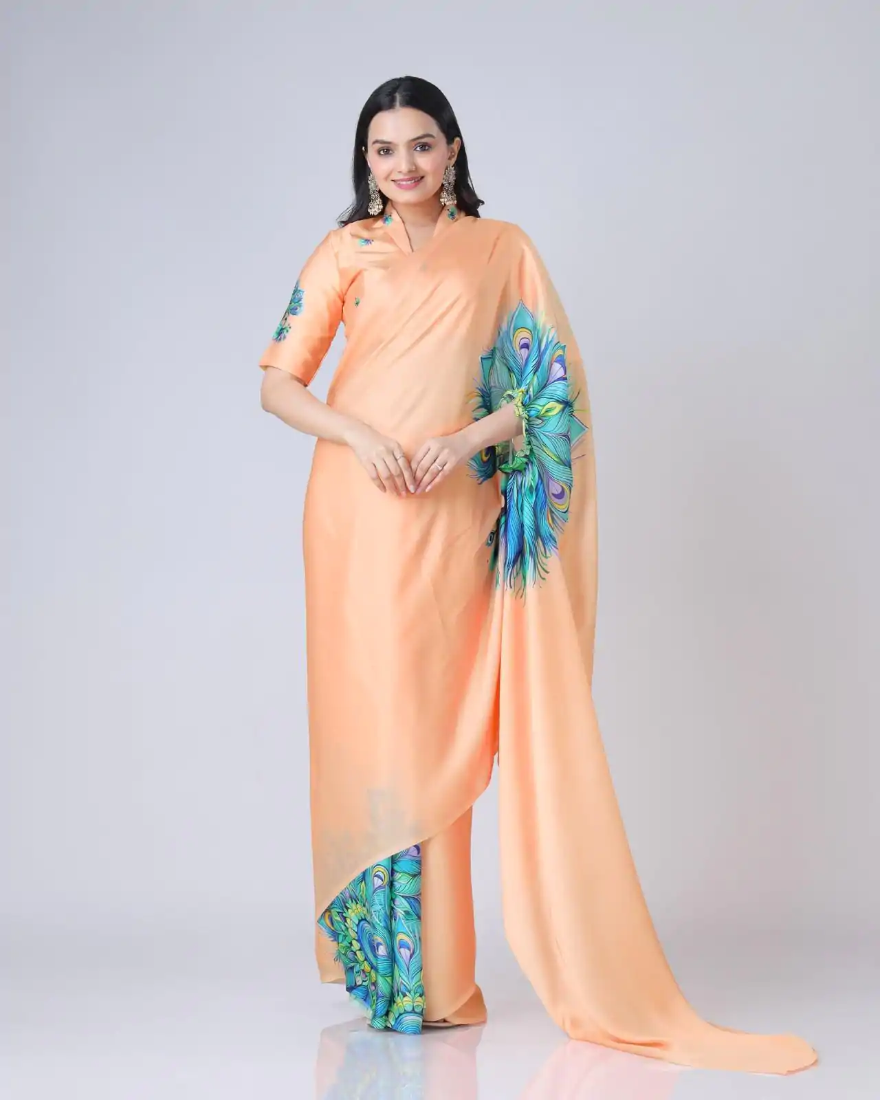 ST 1102 Peach Color Japan Satin Digital Print Work Saree Casual, Wedding, Festive, Events . Expected Delivery  4-6 Working Days @1849/- only      | Bollywood Sarees, Creative Sarees, Designer Sarees, Embroidered Sarees, Ethnic Saree, Modern Digital sarees, Party Wear Sarees, Sarees