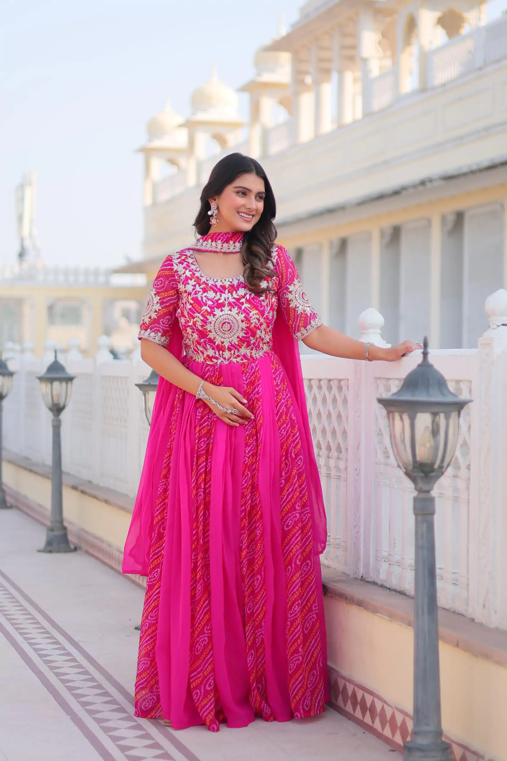 Ram 075 Pink Color Bandhej Fox Georgette Sequence Work Gown Casual, Wedding, Party, Festive, Events Etc.4-6 Working Days@ 2049/-only | Bollywood Gowns, Creative Gowns, Designer Gowns, Embroidered Gowns, Gowns, Party Wear Gowns