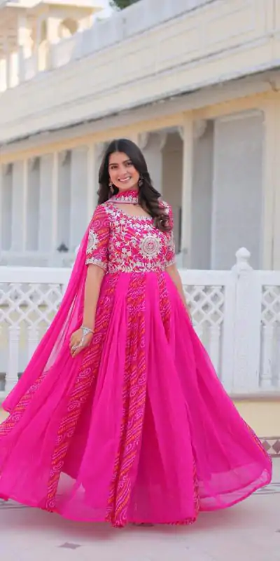 Ram 075 Pink Color Bandhej Fox Georgette Sequence Work Gown Casual, Wedding, Party, Festive, Events Etc.4-6 Working Days@ 2049/-only | Bollywood Gowns, Creative Gowns, Designer Gowns, Embroidered Gowns, Gowns, Party Wear Gowns