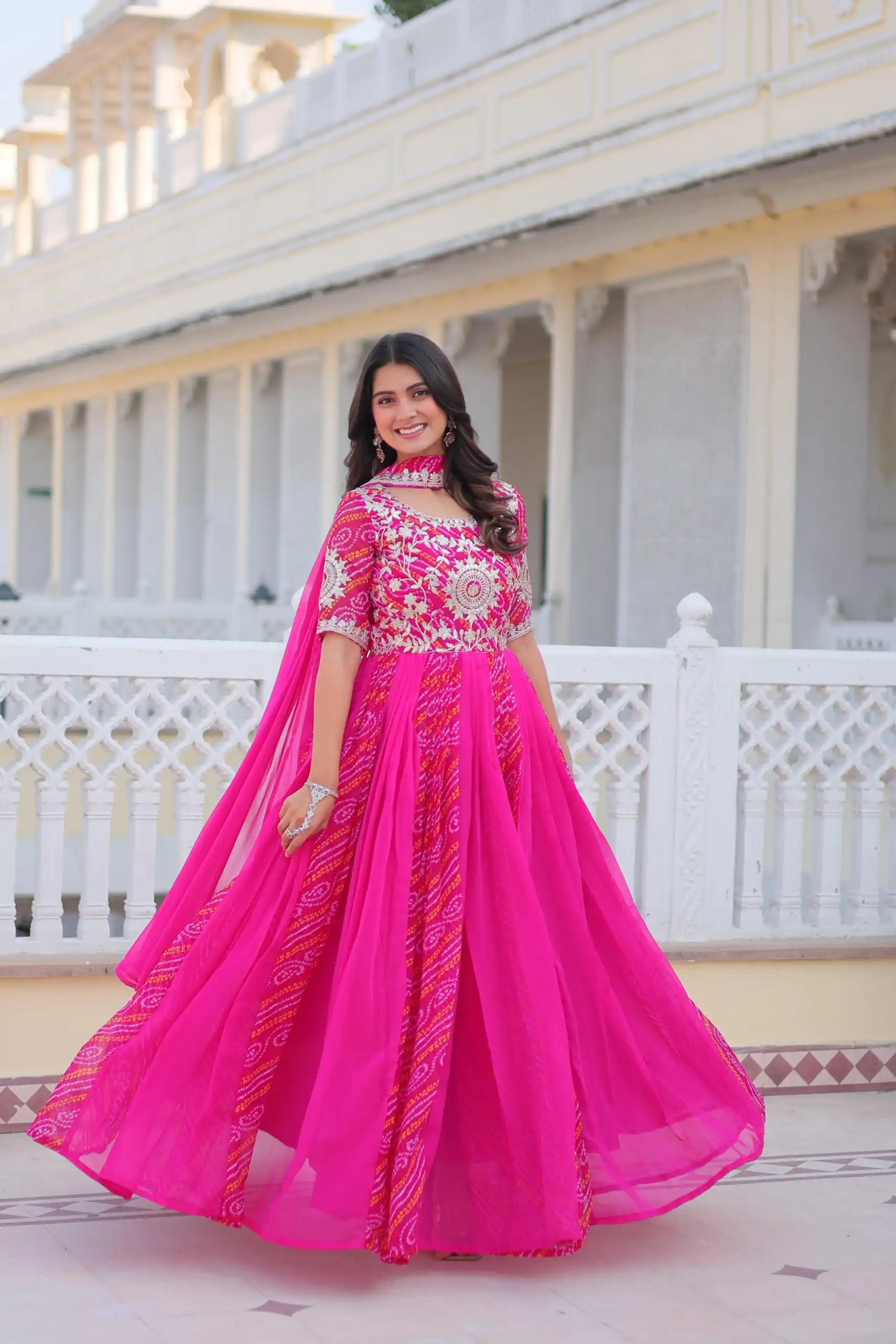 Ram 075 Pink Color Bandhej Fox Georgette Sequence Work Gown Casual, Wedding, Party, Festive, Events Etc.4-6 Working Days@ 2049/-only | Bollywood Gowns, Creative Gowns, Designer Gowns, Embroidered Gowns, Gowns, Party Wear Gowns