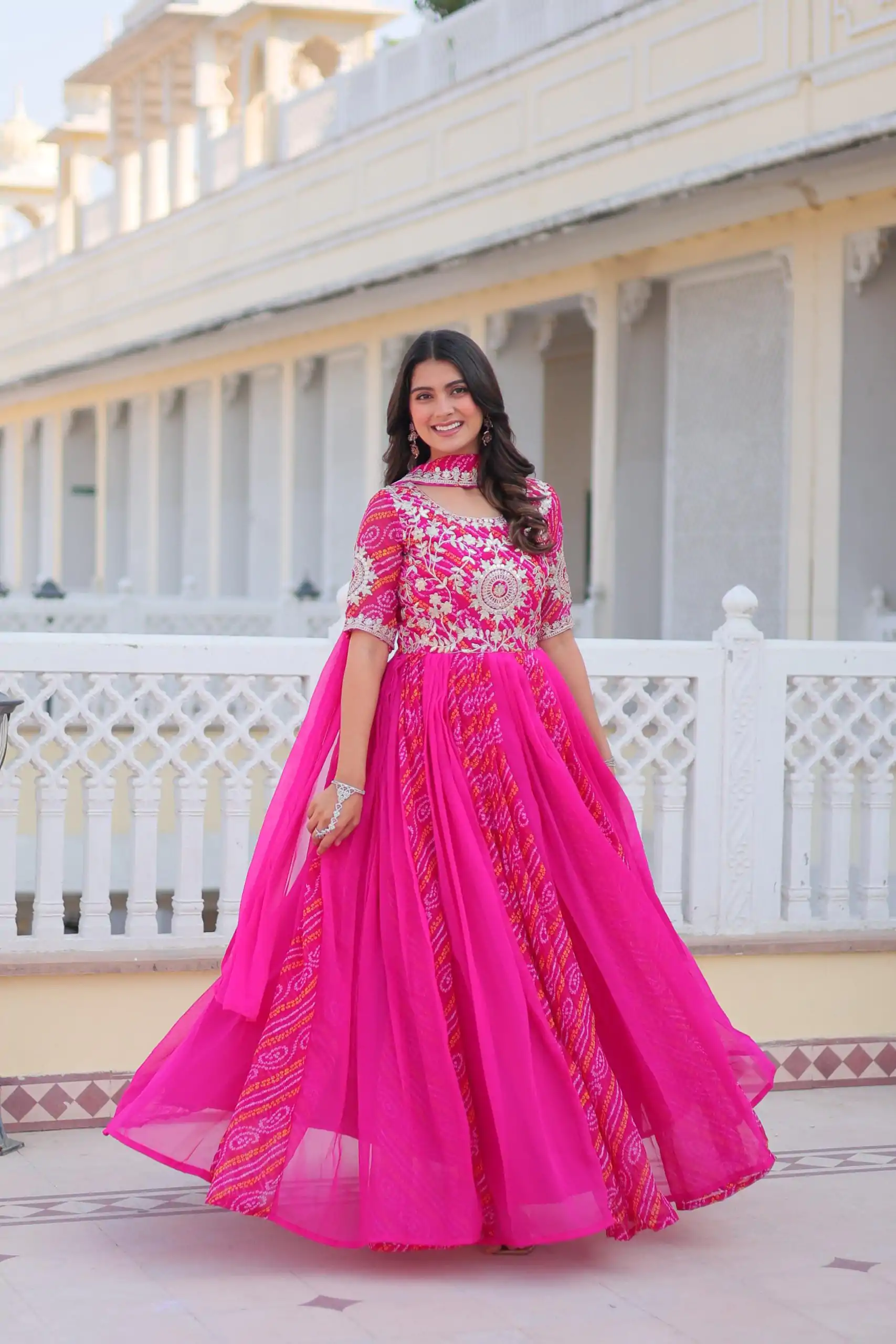 Ram 075 Pink Color Bandhej Fox Georgette Sequence Work Gown Casual, Wedding, Party, Festive, Events Etc.4-6 Working Days@ 2049/-only | Bollywood Gowns, Creative Gowns, Designer Gowns, Embroidered Gowns, Gowns, Party Wear Gowns