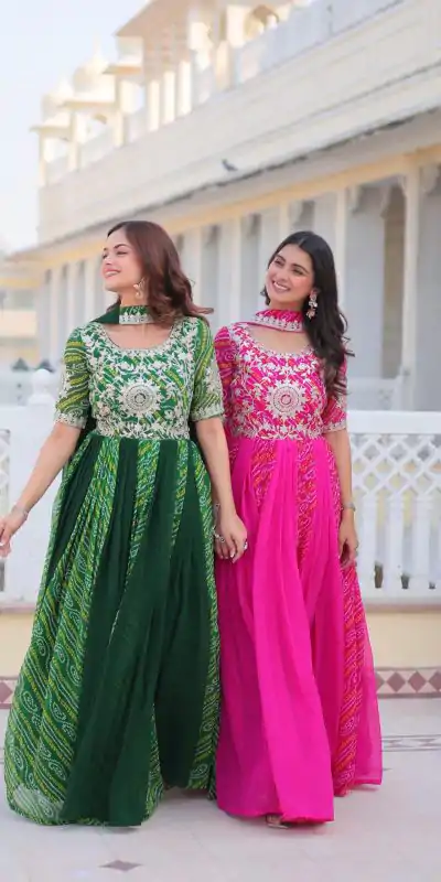 Ram 075 Pink Color Bandhej Fox Georgette Sequence Work Gown Casual, Wedding, Party, Festive, Events Etc.4-6 Working Days@ 2049/-only | Bollywood Gowns, Creative Gowns, Designer Gowns, Embroidered Gowns, Gowns, Party Wear Gowns