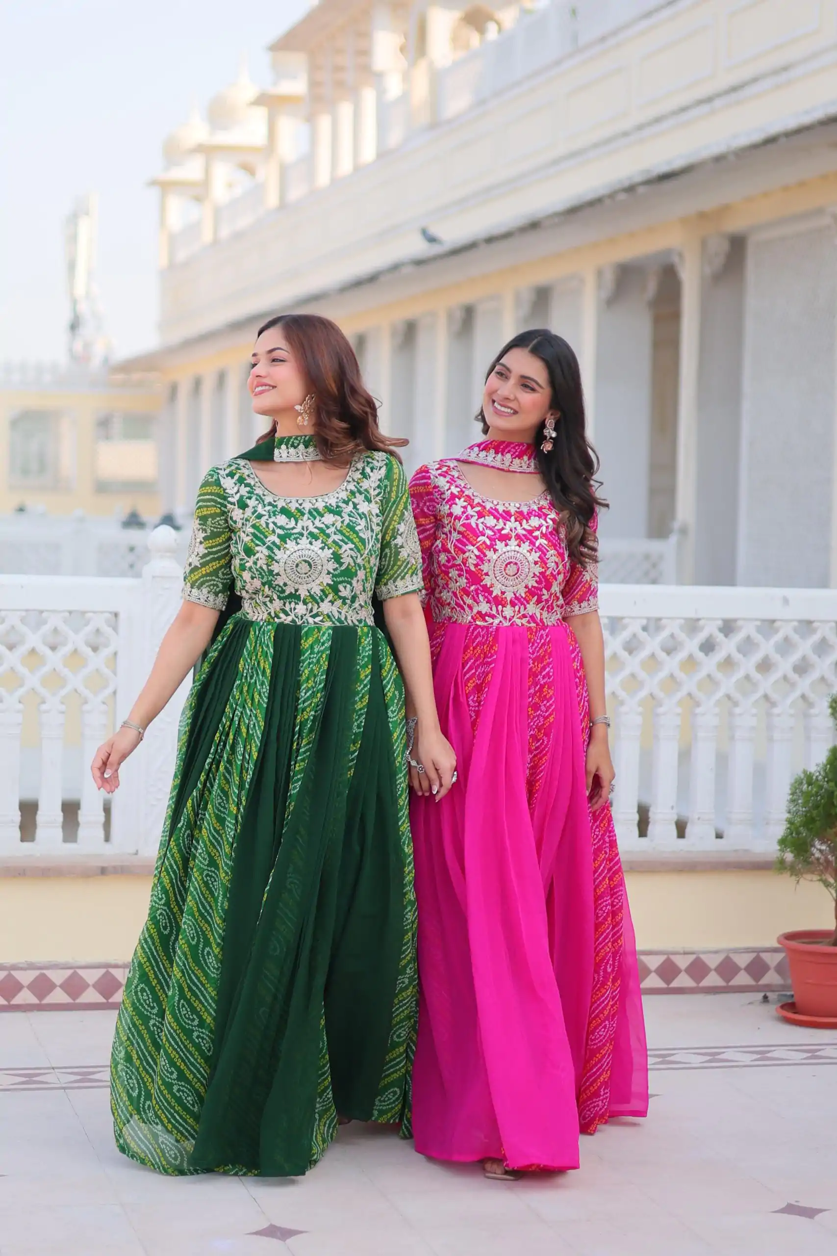 Ram 075 Pink Color Bandhej Fox Georgette Sequence Work Gown Casual, Wedding, Party, Festive, Events Etc.4-6 Working Days@ 2049/-only | Bollywood Gowns, Creative Gowns, Designer Gowns, Embroidered Gowns, Gowns, Party Wear Gowns