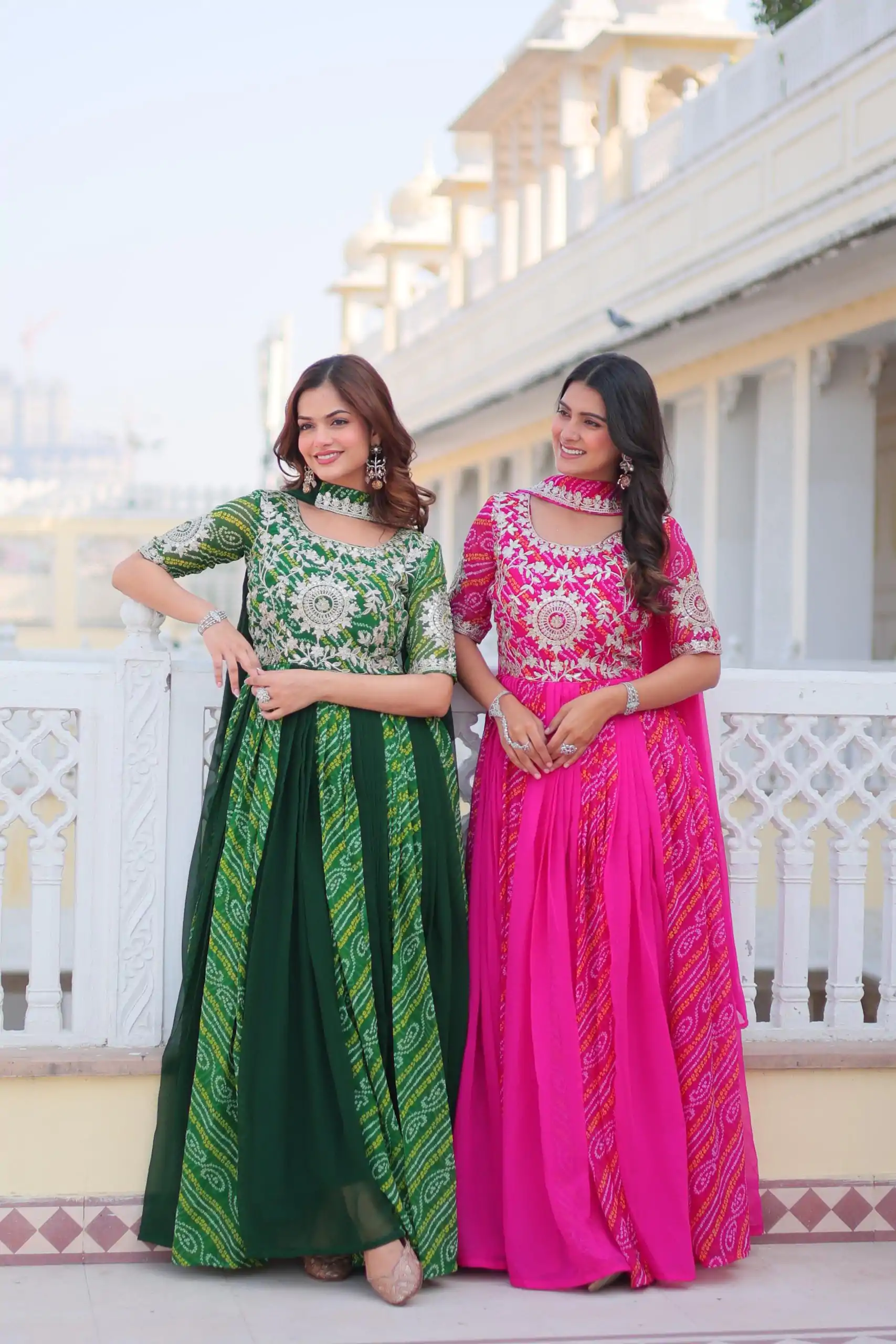 Ram 075 Pink Color Bandhej Fox Georgette Sequence Work Gown Casual, Wedding, Party, Festive, Events Etc.4-6 Working Days@ 2049/-only | Bollywood Gowns, Creative Gowns, Designer Gowns, Embroidered Gowns, Gowns, Party Wear Gowns