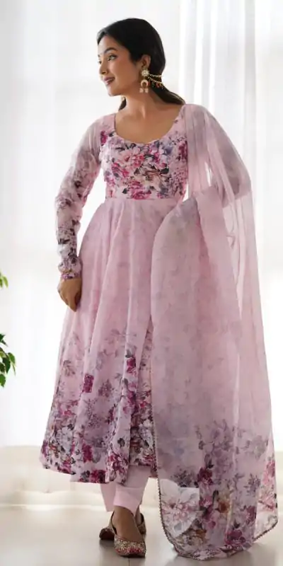 KB 261 Pink Color Soft Organza Silk Print With Kali Gown Casual, Wedding, Party, Festive, Events Etc.4-6 Working Days@ 1999/-only | Bollywood Gowns, Creative Gowns, Designer Gowns, Embroidered Gowns, Gowns, Party Wear Gowns