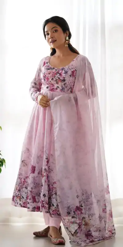 KB 261 Pink Color Soft Organza Silk Print With Kali Gown Casual, Wedding, Party, Festive, Events Etc.4-6 Working Days@ 1999/-only | Bollywood Gowns, Creative Gowns, Designer Gowns, Embroidered Gowns, Gowns, Party Wear Gowns