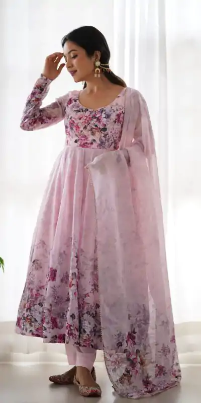 KB 261 Pink Color Soft Organza Silk Print With Kali Gown Casual, Wedding, Party, Festive, Events Etc.4-6 Working Days@ 1999/-only | Bollywood Gowns, Creative Gowns, Designer Gowns, Embroidered Gowns, Gowns, Party Wear Gowns