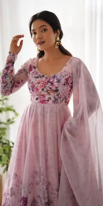 KB 261 Pink Color Soft Organza Silk Print With Kali Gown Casual, Wedding, Party, Festive, Events Etc.4-6 Working Days@ 1999/-only | Bollywood Gowns, Creative Gowns, Designer Gowns, Embroidered Gowns, Gowns, Party Wear Gowns