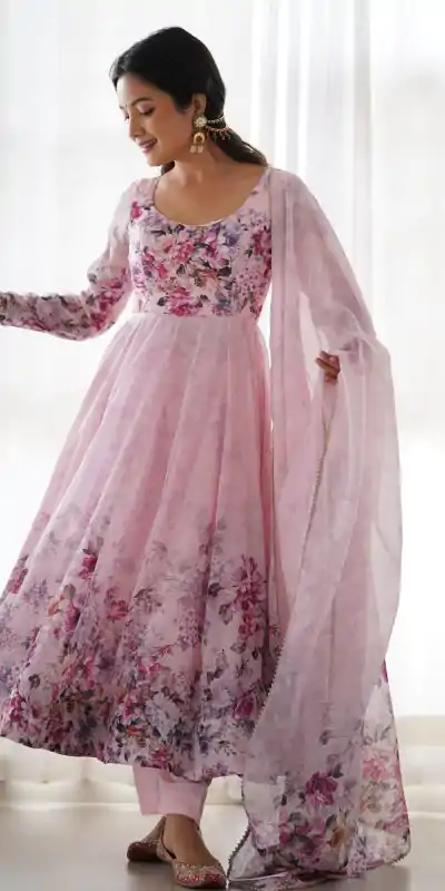 KB 261 Pink Color Soft Organza Silk Print With Kali Gown Casual, Wedding, Party, Festive, Events Etc.4-6 Working Days@ 1999/-only | Bollywood Gowns, Creative Gowns, Designer Gowns, Embroidered Gowns, Gowns, Party Wear Gowns