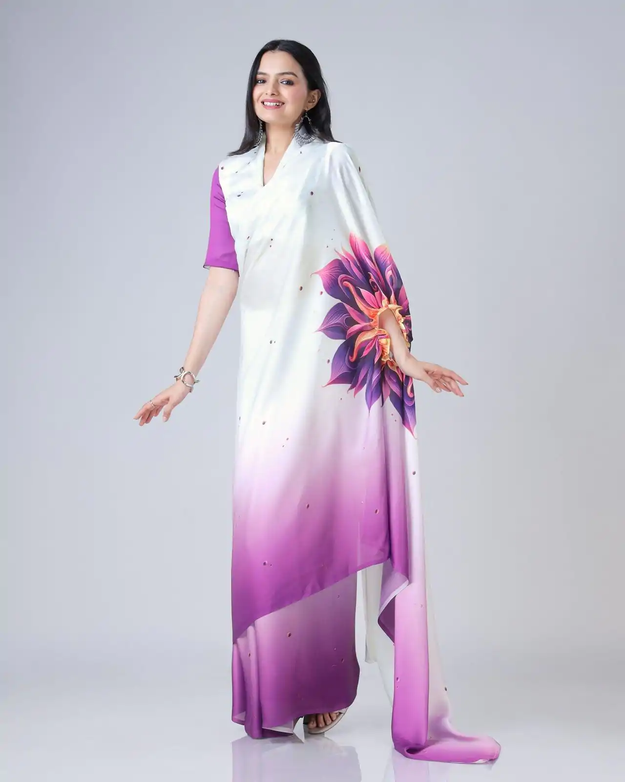 ST 1102 Purple White Color Japan Satin Digital Print Work Saree Casual, Wedding, Festive, Events . Expected Delivery  4-6 Working Days @1849/- only      | Bollywood Sarees, Creative Sarees, Designer Sarees, Embroidered Sarees, Ethnic Saree, Modern Digital sarees, Party Wear Sarees, Sarees