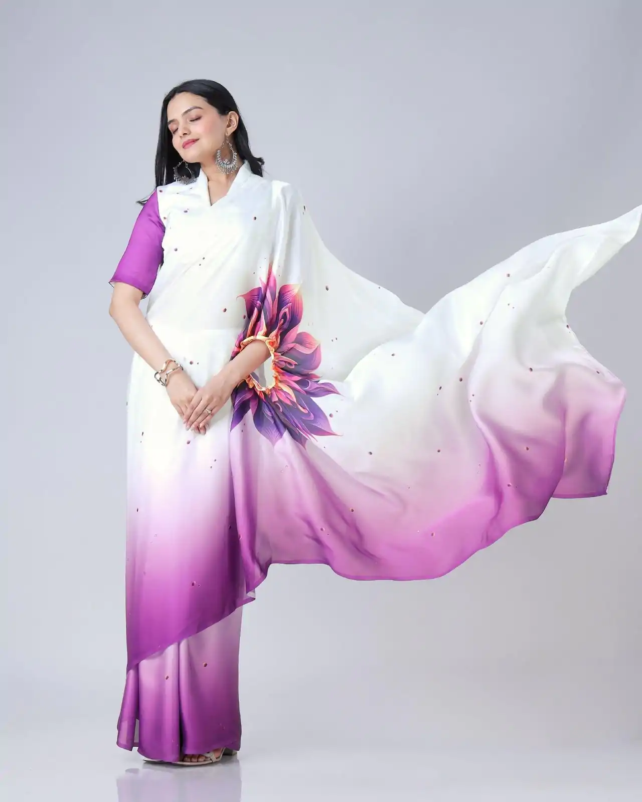 ST 1102 Purple White Color Japan Satin Digital Print Work Saree Casual, Wedding, Festive, Events . Expected Delivery  4-6 Working Days @1849/- only      | Bollywood Sarees, Creative Sarees, Designer Sarees, Embroidered Sarees, Ethnic Saree, Modern Digital sarees, Party Wear Sarees, Sarees