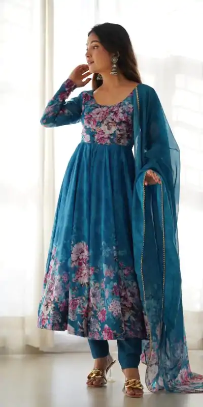 KB 261 Rama Color Soft Organza Silk Print With Kali Gown Casual, Wedding, Party, Festive, Events Etc.4-6 Working Days@ 1999/-only | Bollywood Gowns, Creative Gowns, Designer Gowns, Embroidered Gowns, Gowns, Party Wear Gowns