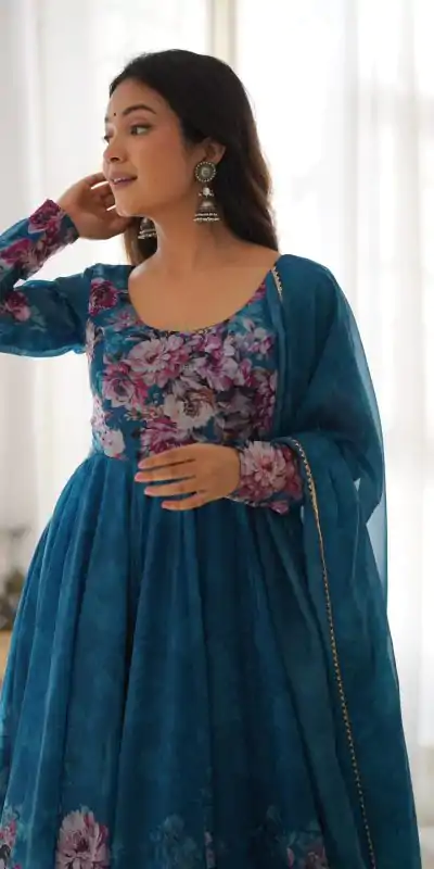 KB 261 Rama Color Soft Organza Silk Print With Kali Gown Casual, Wedding, Party, Festive, Events Etc.4-6 Working Days@ 1999/-only | Bollywood Gowns, Creative Gowns, Designer Gowns, Embroidered Gowns, Gowns, Party Wear Gowns