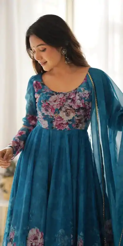 KB 261 Rama Color Soft Organza Silk Print With Kali Gown Casual, Wedding, Party, Festive, Events Etc.4-6 Working Days@ 1999/-only | Bollywood Gowns, Creative Gowns, Designer Gowns, Embroidered Gowns, Gowns, Party Wear Gowns