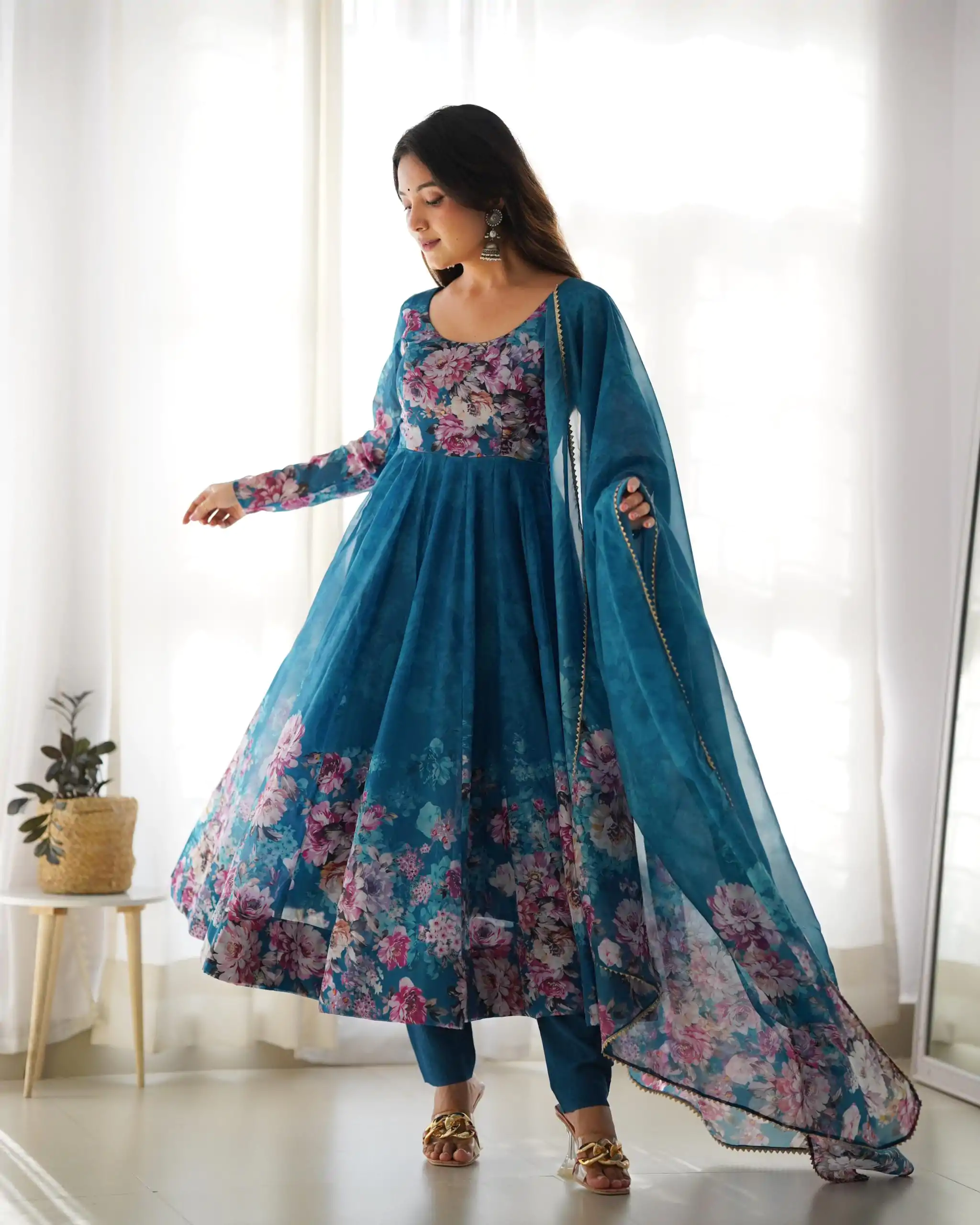 KB 261 Rama Color Soft Organza Silk Print With Kali Gown Casual, Wedding, Party, Festive, Events Etc.4-6 Working Days@ 1999/-only | Bollywood Gowns, Creative Gowns, Designer Gowns, Embroidered Gowns, Gowns, Party Wear Gowns