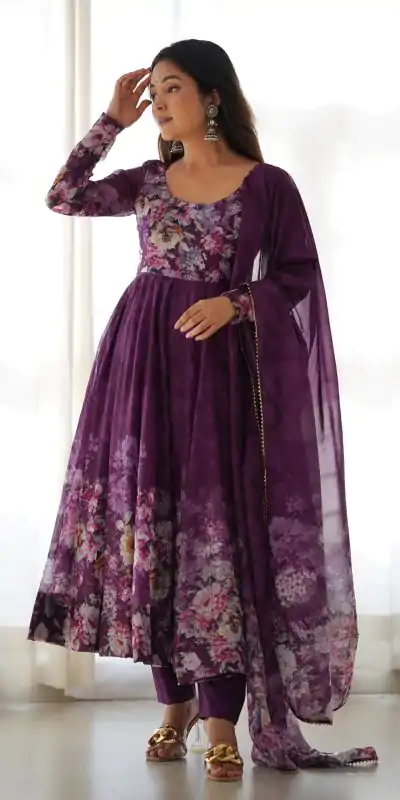 KB 261 Wine Color Soft Organza Silk Print With Kali Gown Casual, Wedding, Party, Festive, Events Etc.4-6 Working Days@ 1999/-only | Bollywood Gowns, Creative Gowns, Designer Gowns, Embroidered Gowns, Gowns, Party Wear Gowns