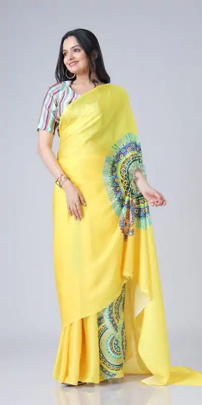 ST 1102 Yellow Color Japan Satin Digital Print Work Saree Casual, Wedding, Festive, Events . Expected Delivery  4-6 Working Days @1849/- only      | Bollywood Sarees, Creative Sarees, Designer Sarees, Embroidered Sarees, Ethnic Saree, Modern Digital sarees, Party Wear Sarees, Sarees