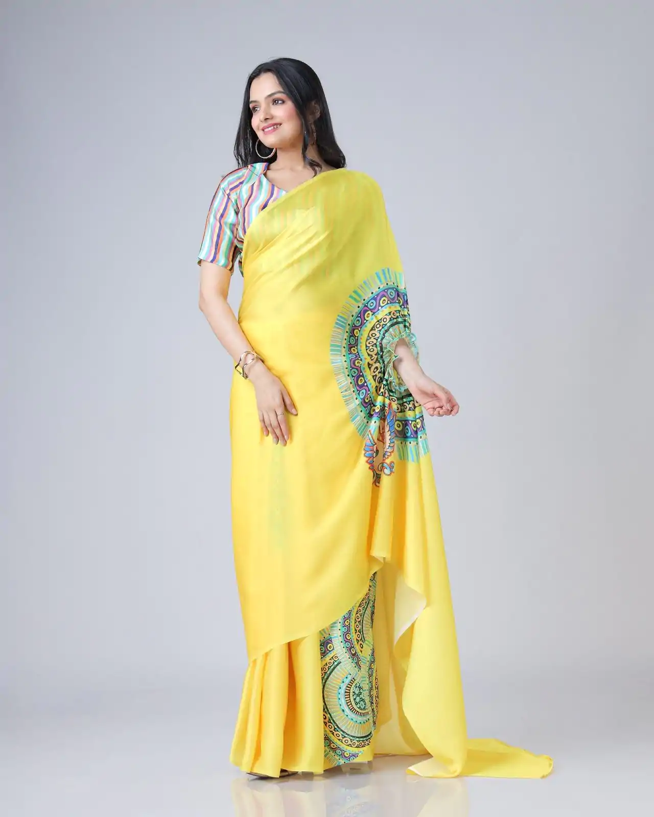 ST 1102 Yellow Color Japan Satin Digital Print Work Saree Casual, Wedding, Festive, Events . Expected Delivery  4-6 Working Days @1849/- only      | Bollywood Sarees, Creative Sarees, Designer Sarees, Embroidered Sarees, Ethnic Saree, Modern Digital sarees, Party Wear Sarees, Sarees