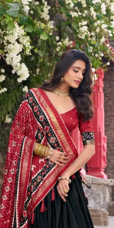 LNB 1221 Black Color Tushar Silk Patola Printed Lehenga Choli Casual, Wedding, Party, Festive, Events Etc.4-6 Working Days@ 2249/-only | Bollywood Lehenga, Creative Lehenga, Designer Lehenga, Embroidered Lehenga, Lehenga, Party Wear Lehenga