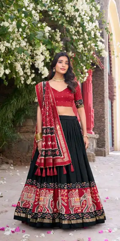 LNB 1221 Black Color Tushar Silk Patola Printed Lehenga Choli Casual, Wedding, Party, Festive, Events Etc.4-6 Working Days@ 2249/-only | Bollywood Lehenga, Creative Lehenga, Designer Lehenga, Embroidered Lehenga, Lehenga, Party Wear Lehenga