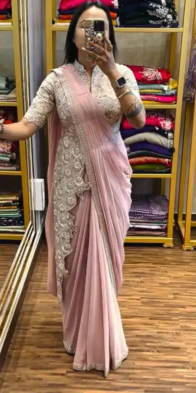  ST 1103 Pink Color Chinon Embroidery Work Ready To Wear Saree Casual, Wedding, Festive, Events . Expected Delivery  4-6 Working Days @2099/- only                                                                                                                                             | Bollywood Sarees, Creative Sarees, Designer Sarees, Embroidered Sarees, Ethnic Saree, Modern Digital sarees, Party Wear Sarees, Sarees