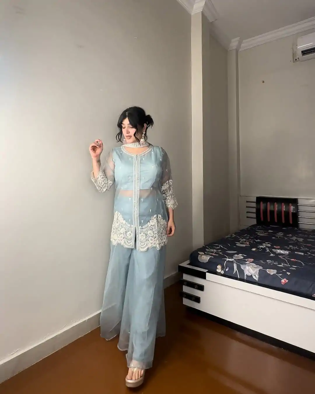 LG 1902 Sky Blue Color Organza Sequence Work Indo-Western Suit Casual, Wedding, Party, Festive, Events Etc.4-6 Working Days@ 2049/-only | Jump Suits, Casual Suits, Creative suits, Designer Suits, Palazzo Suits, Party Wear Suits, Patiala Suits, Salwar suit, Straight Suits