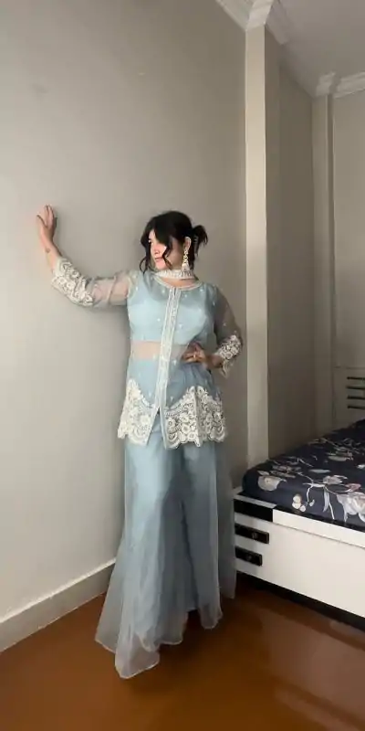 LG 1902 Sky Blue Color Organza Sequence Work Indo-Western Suit Casual, Wedding, Party, Festive, Events Etc.4-6 Working Days@ 2049/-only | Jump Suits, Casual Suits, Creative suits, Designer Suits, Palazzo Suits, Party Wear Suits, Patiala Suits, Salwar suit, Straight Suits