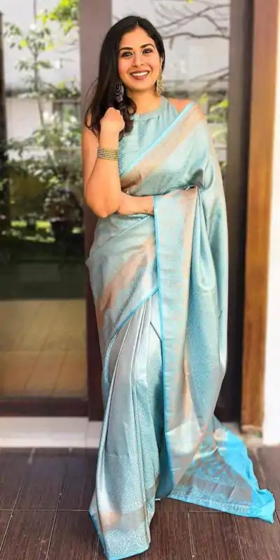  KP 4041 Sky Blue Color Soft Lichi Silk Jacquard Work On All Over Saree Casual, Wedding, Festive, Events . Expected Delivery  4-6 Working Days @1349/- only                                                                                                                                             | Bollywood Sarees, Creative Sarees, Designer Sarees, Embroidered Sarees, Ethnic Saree, Modern Digital sarees, Party Wear Sarees, Sarees