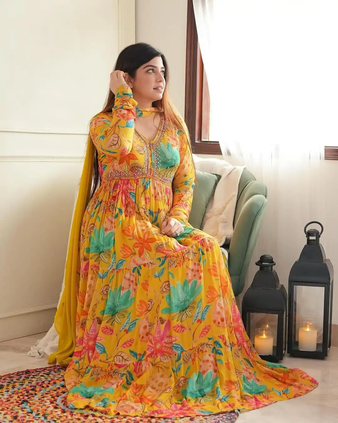 KF 1616 Yellow Color Foix Georgette Sequence Work With Ruffle Gown Casual, Wedding, Party, Festive, Events Etc.4-6 Working Days@ 1899/-only | Bollywood Gowns, Creative Gowns, Designer Gowns, Embroidered Gowns, Gowns, Party Wear Gowns