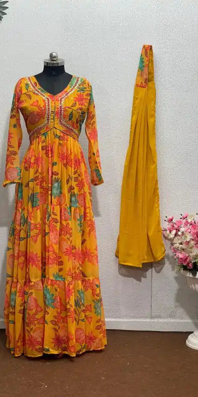 KF 1616 Yellow Color Foix Georgette Sequence Work With Ruffle Gown Casual, Wedding, Party, Festive, Events Etc.4-6 Working Days@ 1899/-only | Bollywood Gowns, Creative Gowns, Designer Gowns, Embroidered Gowns, Gowns, Party Wear Gowns