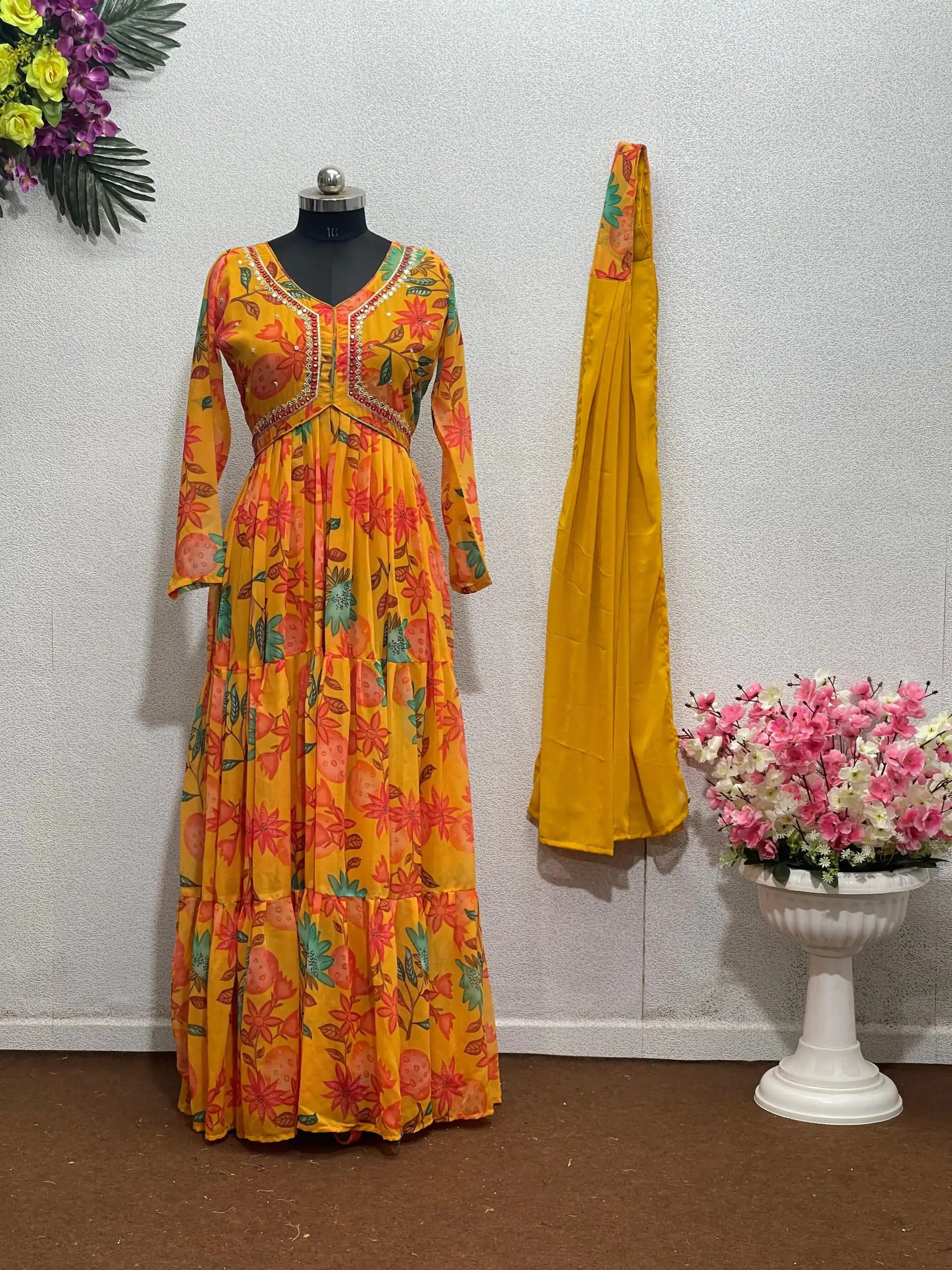 KF 1616 Yellow Color Foix Georgette Sequence Work With Ruffle Gown Casual, Wedding, Party, Festive, Events Etc.4-6 Working Days@ 1899/-only | Bollywood Gowns, Creative Gowns, Designer Gowns, Embroidered Gowns, Gowns, Party Wear Gowns
