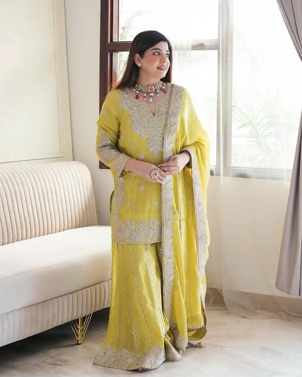 SSR 5002 Lemon Yellow Color Chinon Sequence Rivet Moti Salwar Suit Casual, Wedding, Festive, Events . Expected Delivery  4-6 Working Days @2149/- only      | Jump Suits, Casual Suits, Creative suits, Designer Suits, Palazzo Suits, Party Wear Suits, Patiala Suits, Salwar suit, Straight Suits
