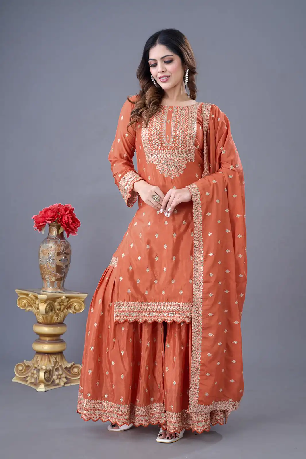 ZF 5006 Orange Color Chinon Silk Sequence Work Salwar Suit Casual, Wedding, Festive, Events . Expected Delivery  4-6 Working Days @2149/- only      | Designer Suits, Jump Suits, Casual Suits, Creative suits, Palazzo Suits, Party Wear Suits, Patiala Suits, Salwar suit, Straight Suits